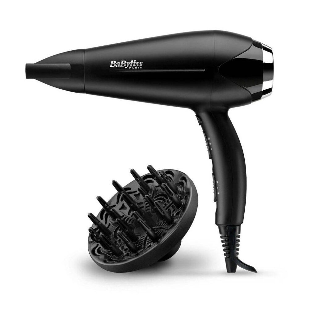 Schwarzer Haartrockner mit Diffusor. Marke BaByliss. Silberne Akzente. Kabelanschluss.