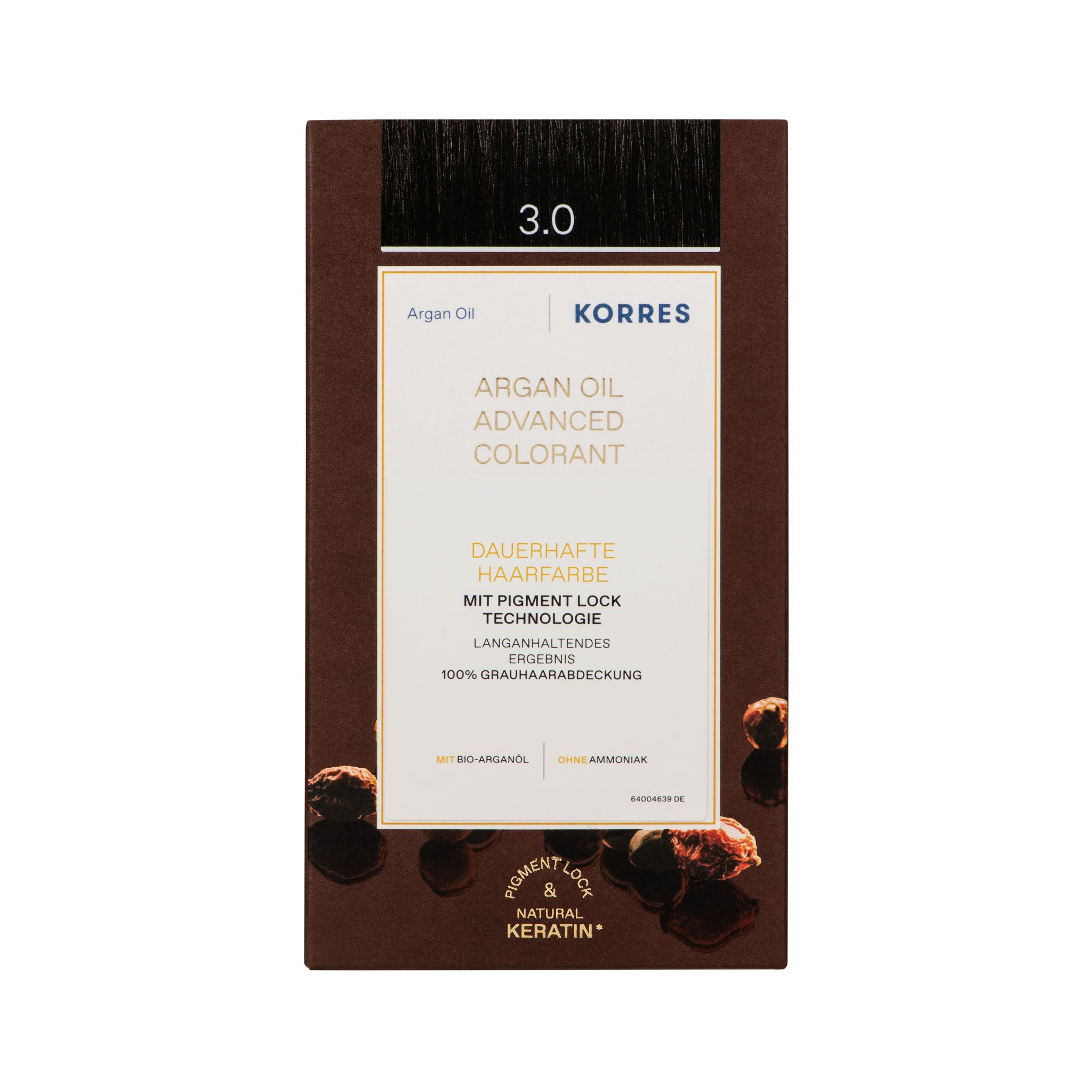 KORRES Arganöl Haarcoloration, Dunkelbraun 3.0. Verpackung mit Produktinformationen und Markenlogo. 100% Grauhaarabdeckung.
