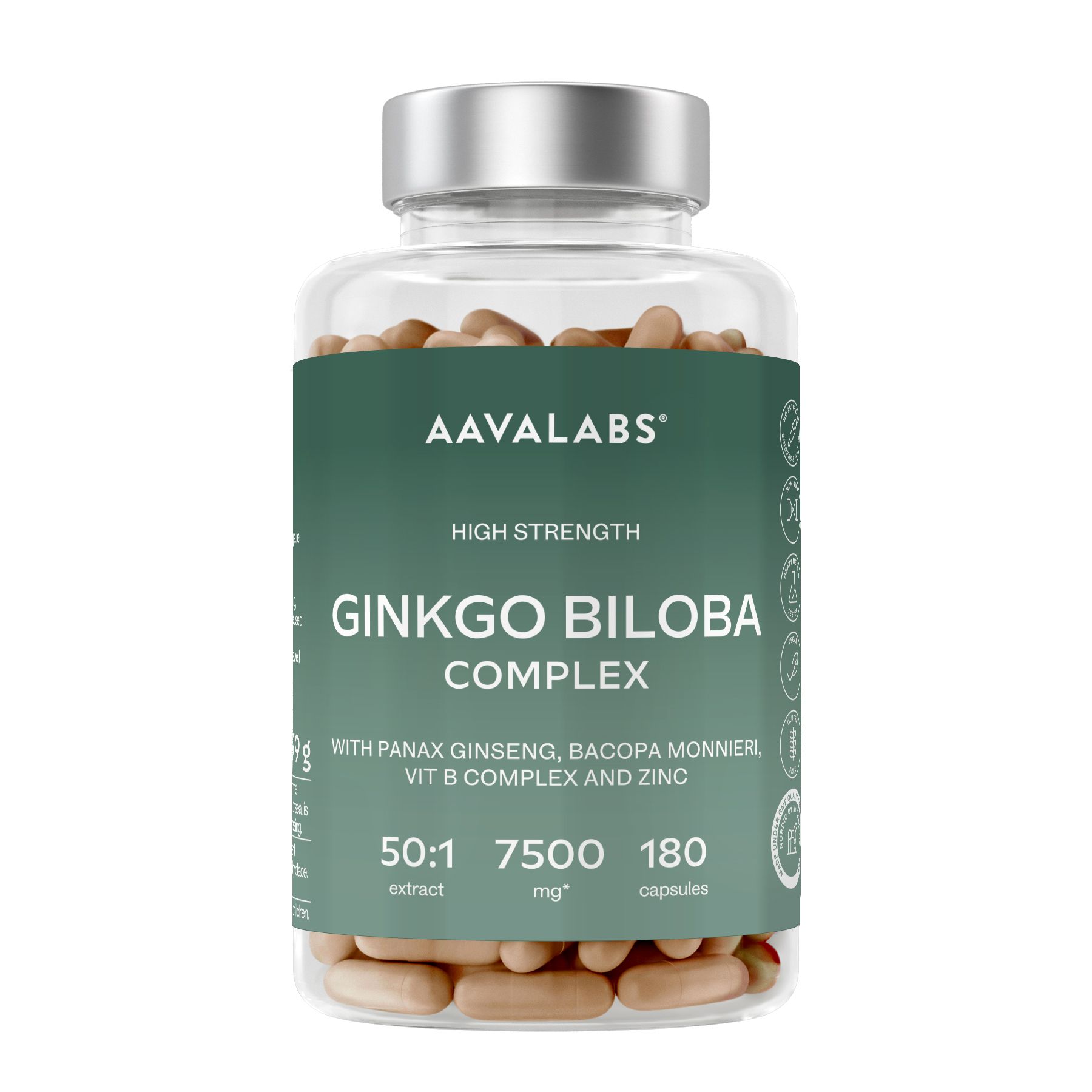 Aavalabs Ginkgo Biloba Complex Kapseln. Flasche. 180 Kapseln. Mit Ginkgo, Panax Ginseng, Bacopa Monnieri, Vitamin B und Zink.