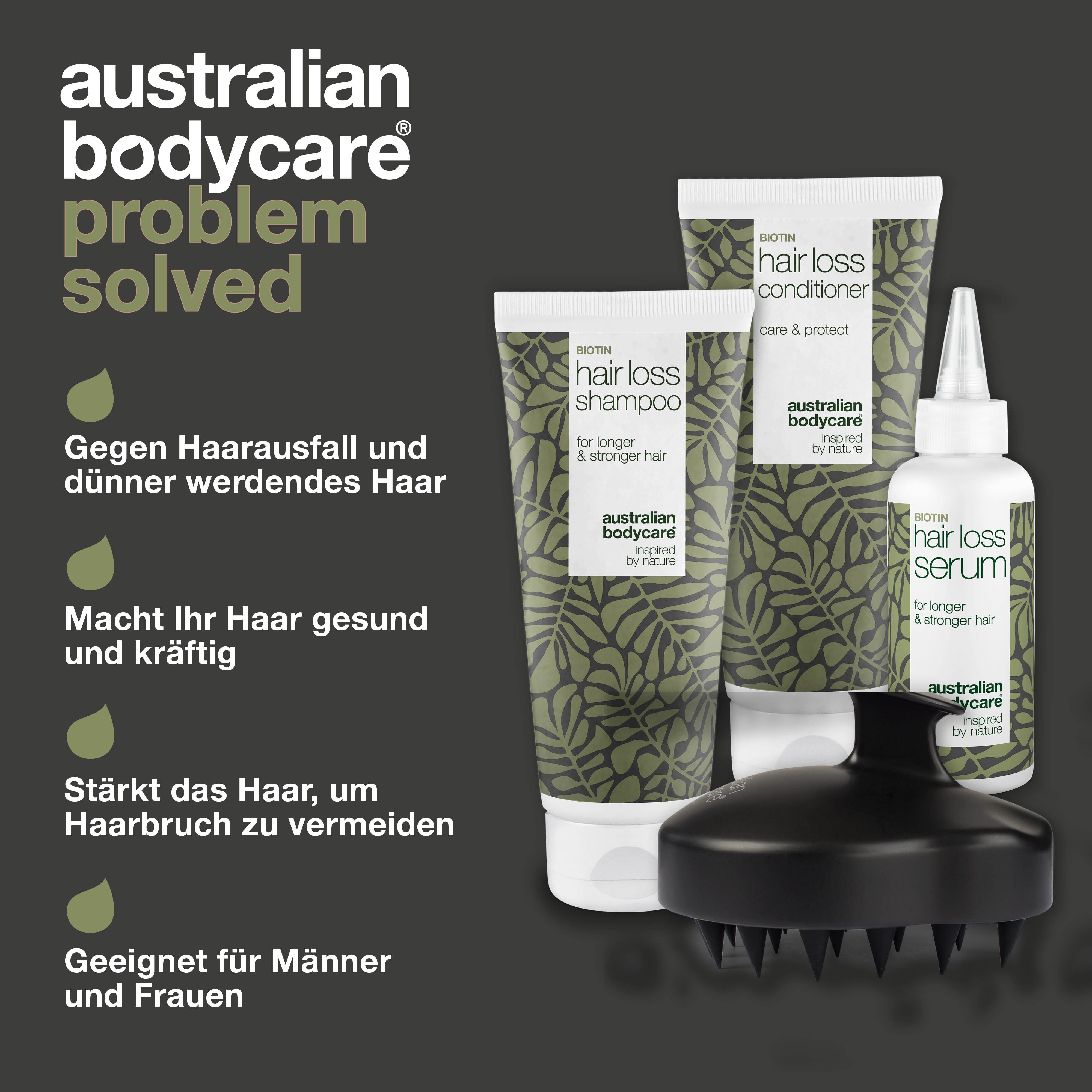 Haarausfall-Paket. Shampoo, Conditioner, Serum und Kopfhautbürste. Vorteile: Gesundes Haar, stärkt das Haar.