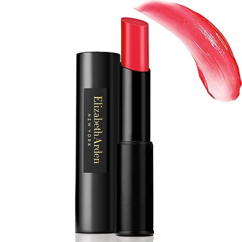 Roter Lippenstift mit schwarzer Hülse. Aufschrift: Elizabeth Arden New York. Daneben ein Farbabstrich.
