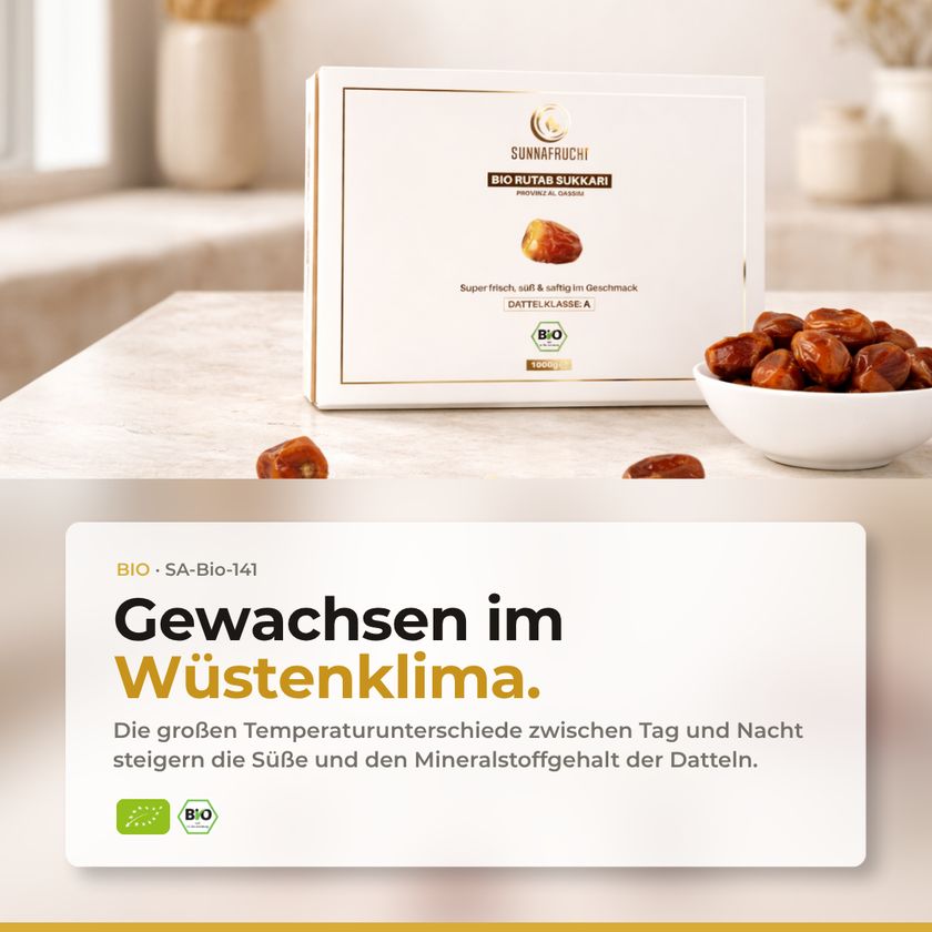 SUNNAFRUCHT® BIO Rutab Sukkari Datteln, gewachsen im Wüstenklima für erhöhte Süße und Mineralien.