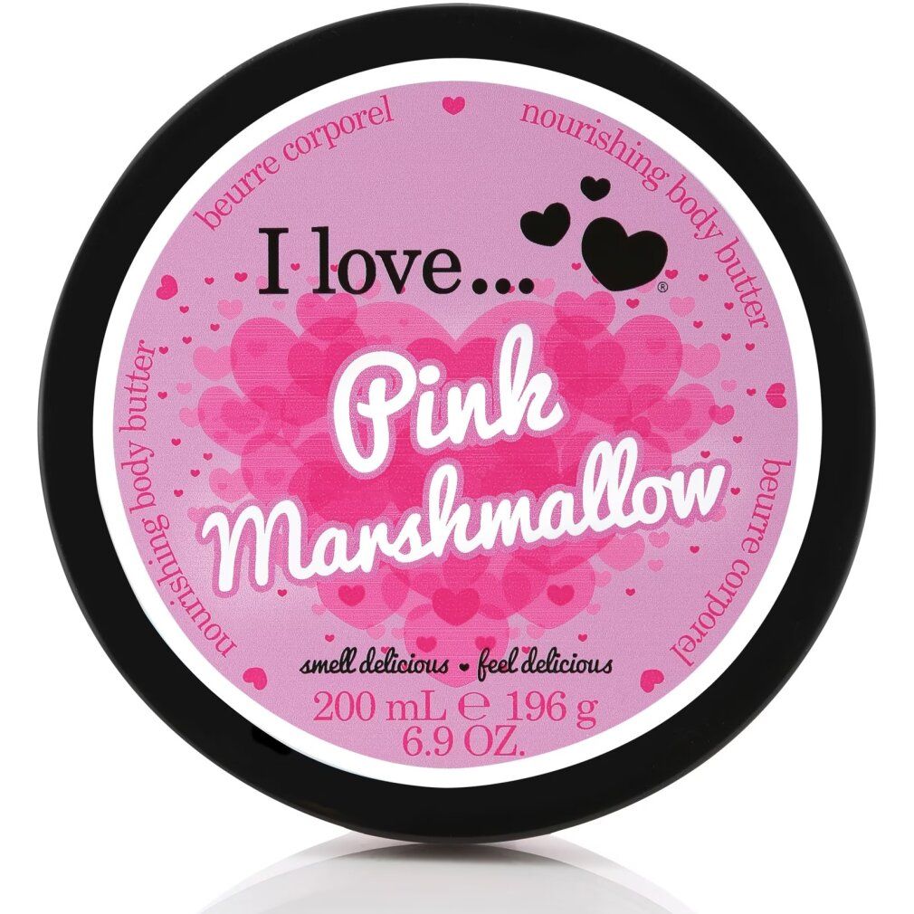 Runder Tiegel mit rosa Etikett. Aufschrift: I love... Pink Marshmallow. Schwarzer Deckel. 200 ml, 196 g.
