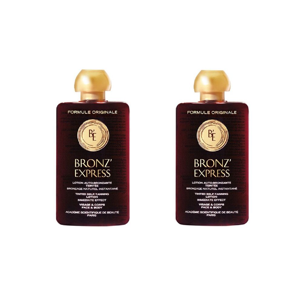 Zwei Flaschen Bronz' Express Lotion. Dunkelbraune Flaschen mit goldenen Verschlüssen. Aufschrift: Bronz' Express, Formule Originale.