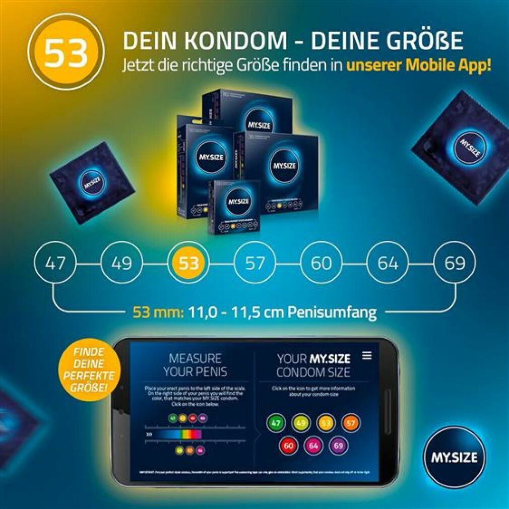 Smartphone mit App zur Größenbestimmung. Verpackungen mit MY.SIZE Kondomen. Größenangaben von 47 bis 69 mm. Text: Finde deine perfekte Größe!