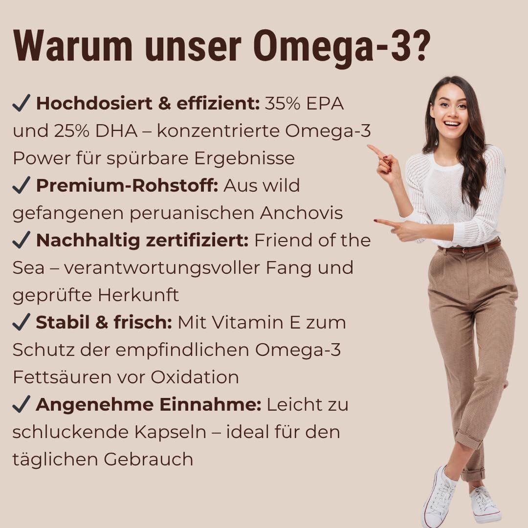 Frau zeigt auf Text. Text: Hochdosiert & effizient, Premium-Rohstoff, Nachhaltig zertifiziert, Stabil & frisch, Angenehme Einnahme.