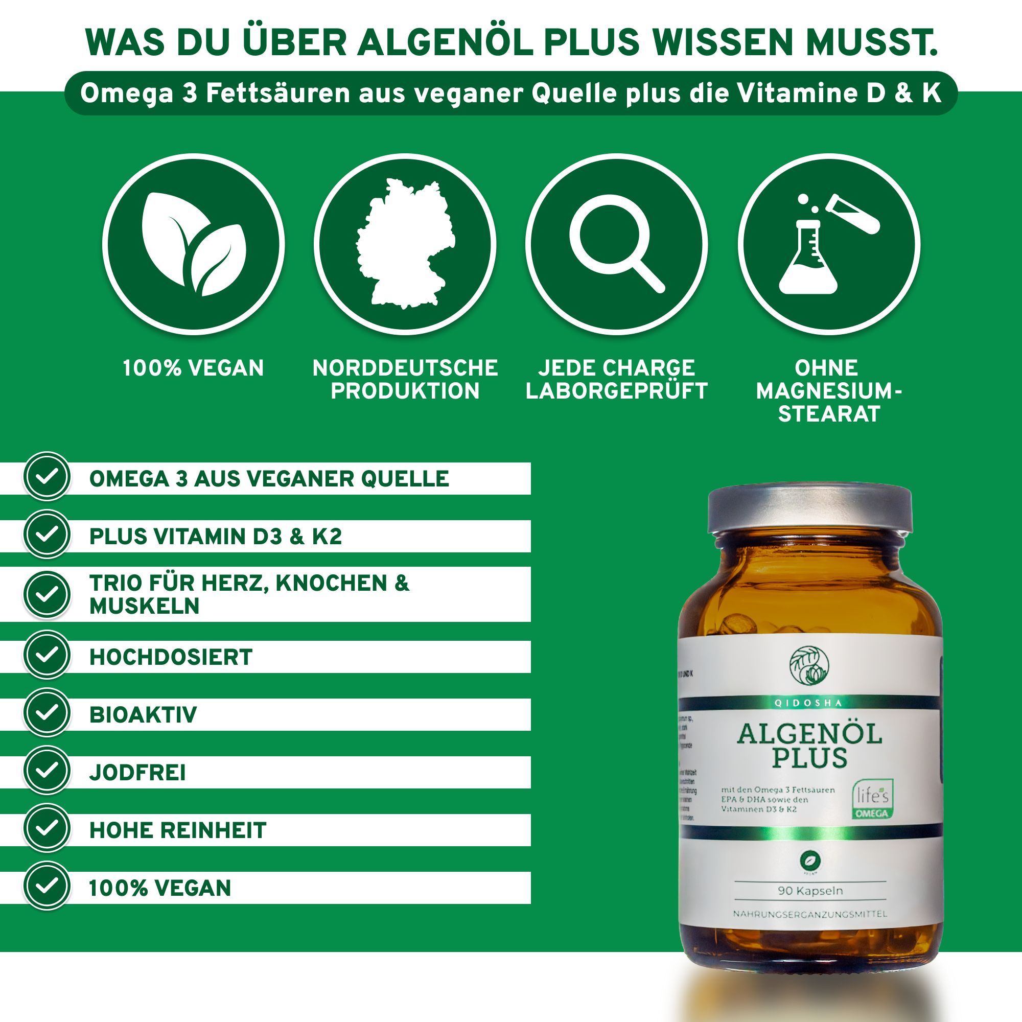 QIDOSHA Algenöl Plus: Omega 3 Fettsäuren aus veganer Quelle plus die Vitamine D & K