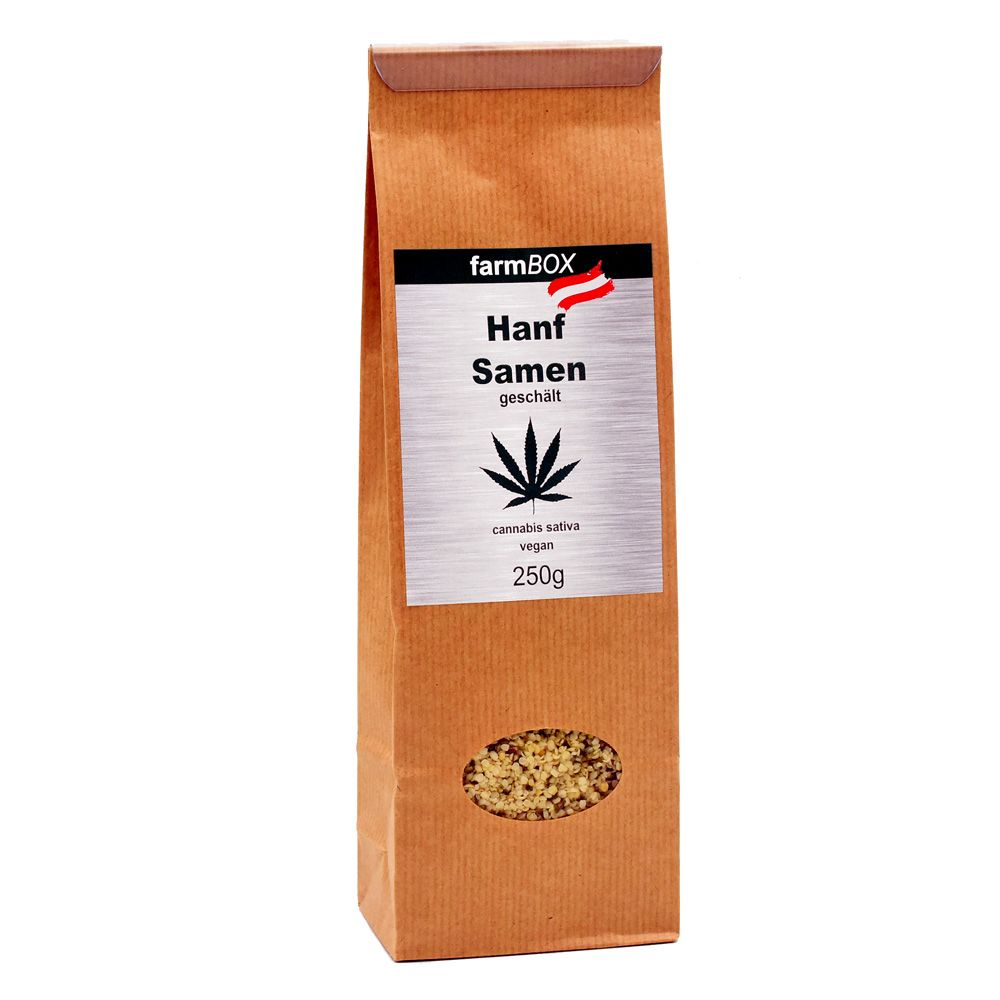 Braune Papiertüte mit Hanfsamen. Aufdruck: farmBOX, Hanf Samen, Cannabis-Blatt, vegan, 250g. Sichtfenster mit Samen.