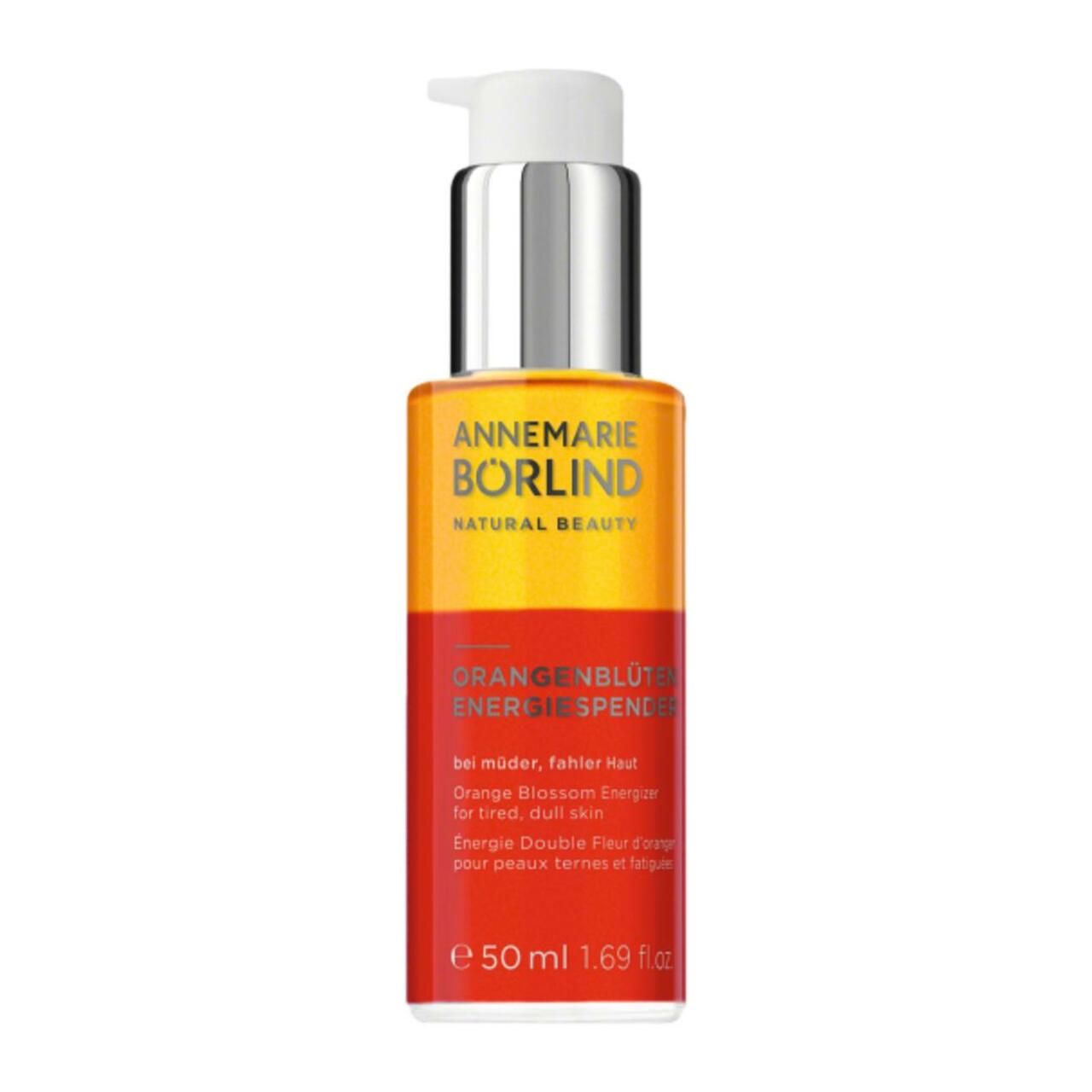 ANNEMARIE BÖRLIND ORANGENBLÜTEN ENERGIESPENDER. Flasche mit Pumpe. Gelb-orangefarbenes Produkt. 50 ml.
