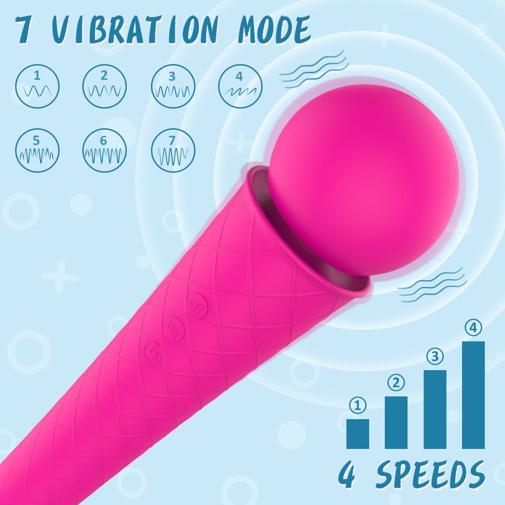 Pinkfarbener Massagestab mit kugelförmigem Kopf und kegelförmigem Griff. 7 Vibrationsmodi und 4 Geschwindigkeiten.