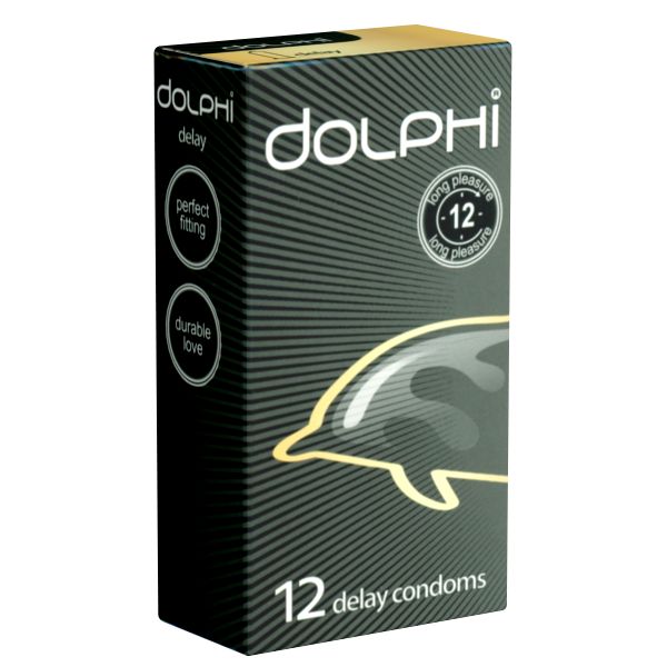 Schwarze Verpackung mit "Dolphi"-Logo. Enthält 12 Kondome. Text: "delay", "perfect fitting", "durable love".
