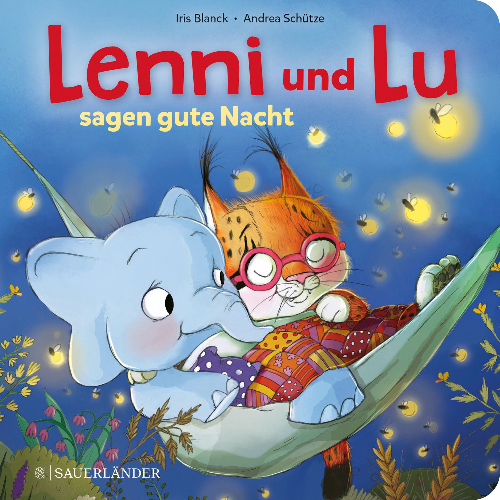 Buchcover mit Illustrationen. Titel: Lenni und Lu sagen Gute Nacht. Gezeichnete Figuren: Elefant und Luchs in Hängematte.