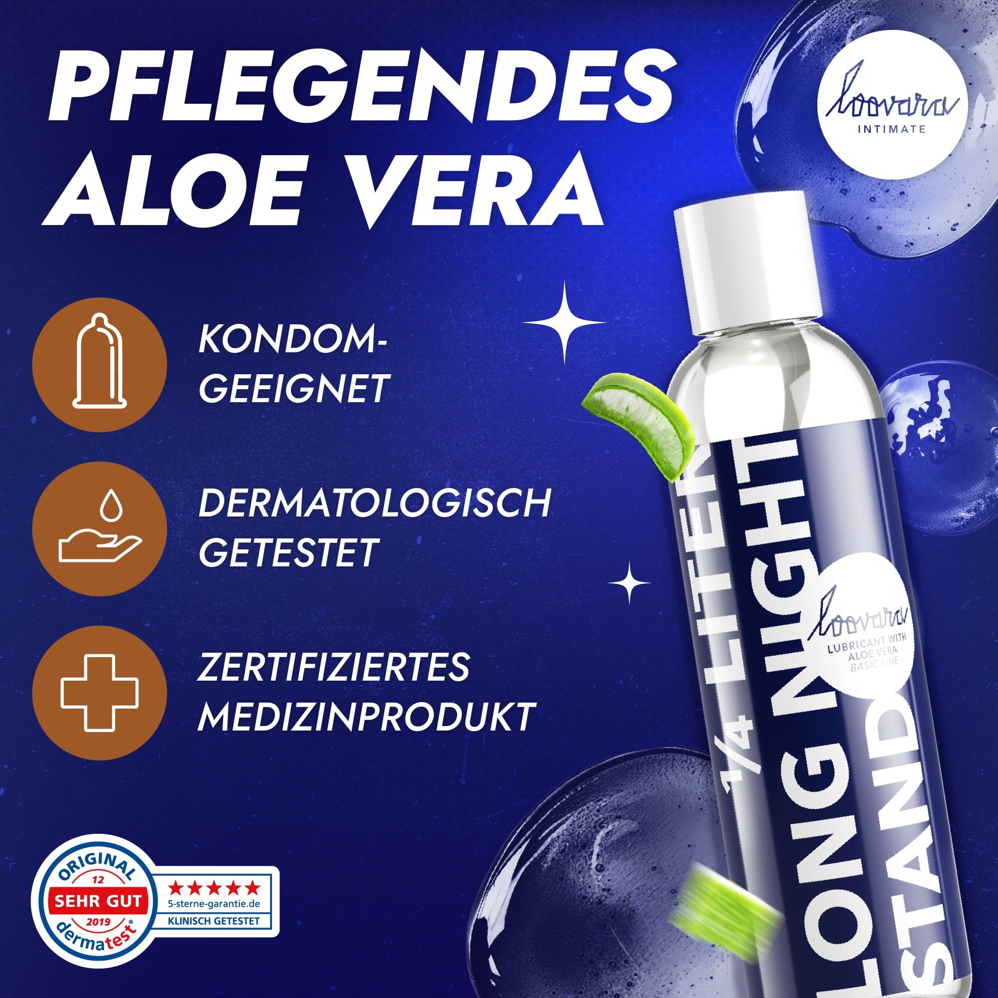 Flasche Gleitgel 'Long Night Stand' mit Aloe Vera, kondomgeeignet, dermatologisch getestet.
