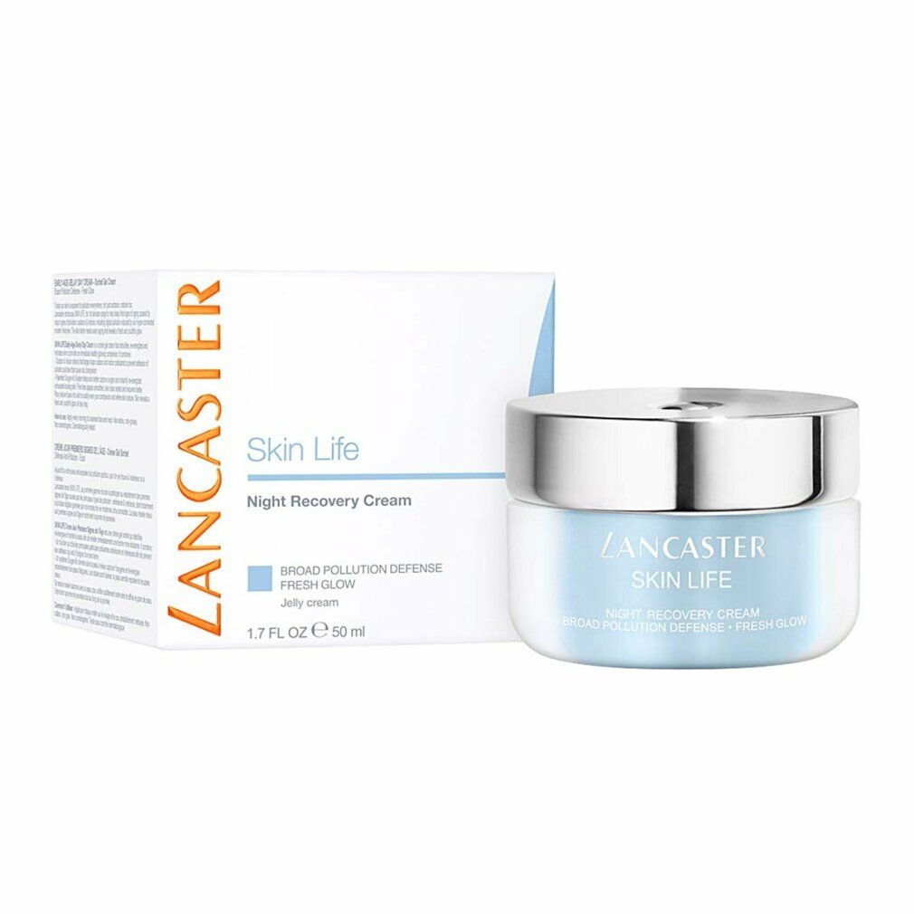Creme-Tiegel und Verpackung. Aufschrift: Lancaster Skin Life Night Recovery Cream. 50 ml.