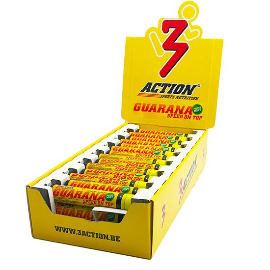 Guarana-Display mit mehreren gelben Ampullen. Aufschrift: 7Action, Guarana, Speed on Top. Gelbe Verpackung mit Logo.