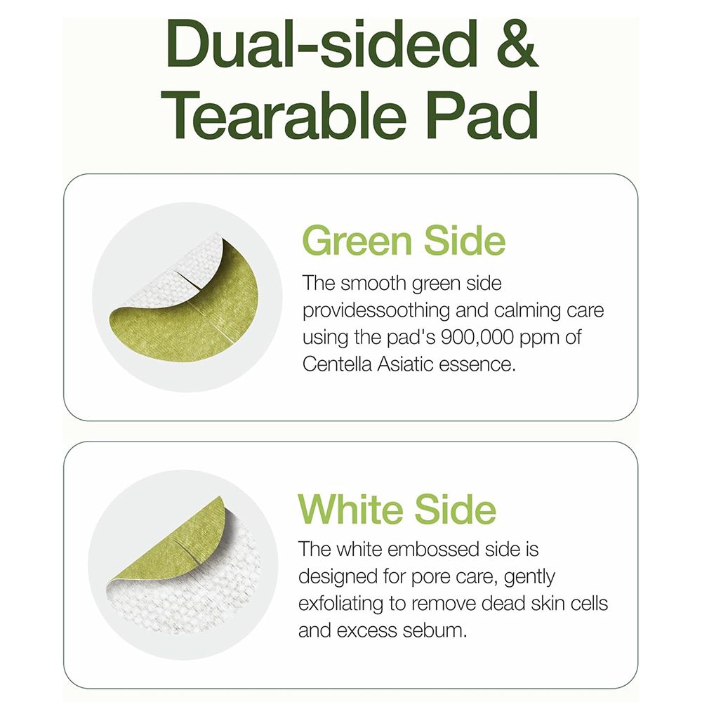 Text: Doppelseitiges & reißbares Pad. Grüne Seite: glatte Seite, beruhigende Pflege. Weiße Seite: strukturierte Seite, Peeling für die Poren.