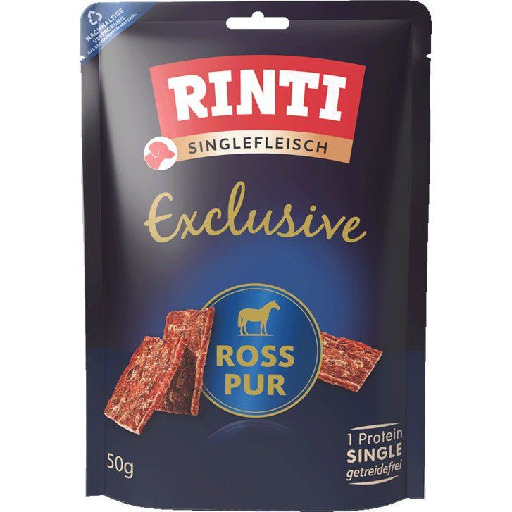 Rinti Singlefleisch Exclusive Ross Pur Hundeleckerli, 50g Beutel. Getreidefrei, 1 Protein.
