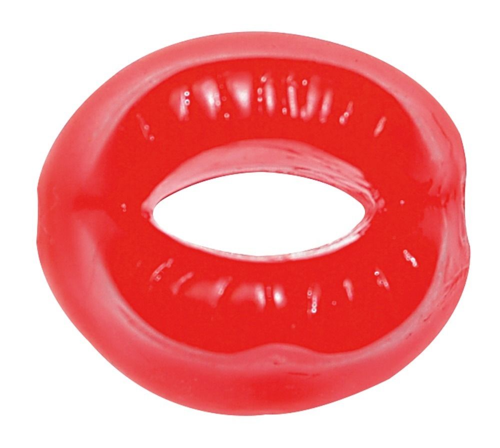 Roter, ovaler Ring mit gerippter Innenfläche.