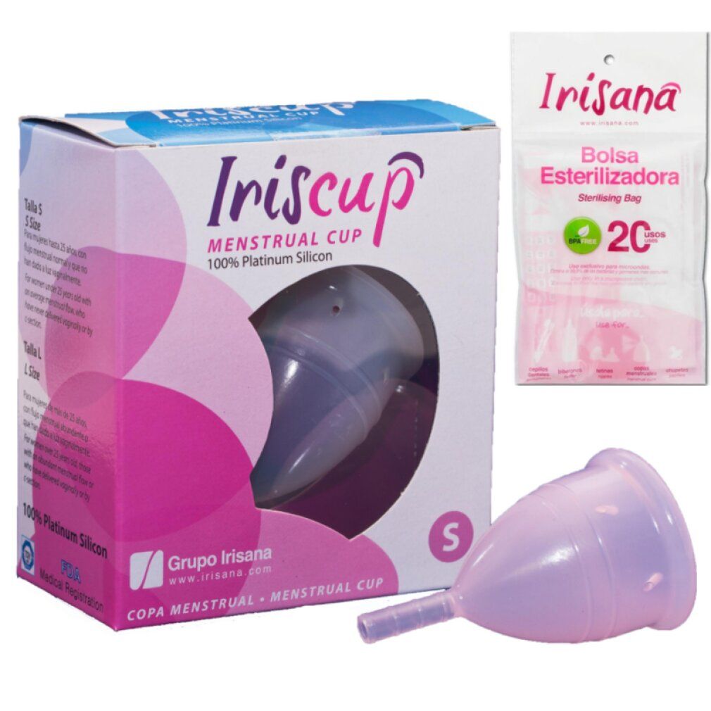 Iriscup Menstruations-Tasse, rosa, mit Sterilisatorbeutel. Verpackung mit Produktabbildung und Markenlogo.