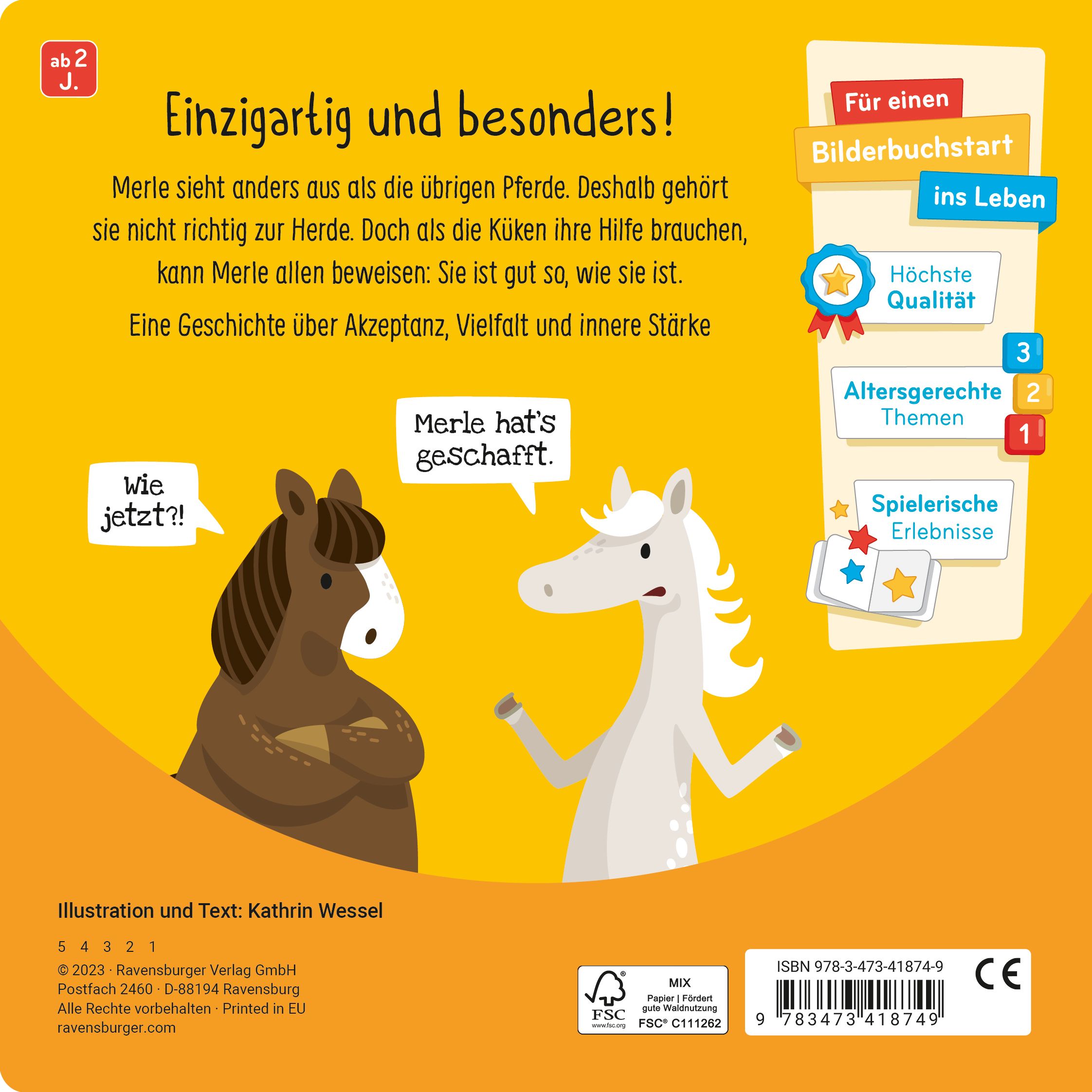 Rückseite des Buches 'Anders Super'. Text und Illustrationen. Verlag: Ravensburger. Mit Qualitäts- und Altersgerecht-Hinweisen.