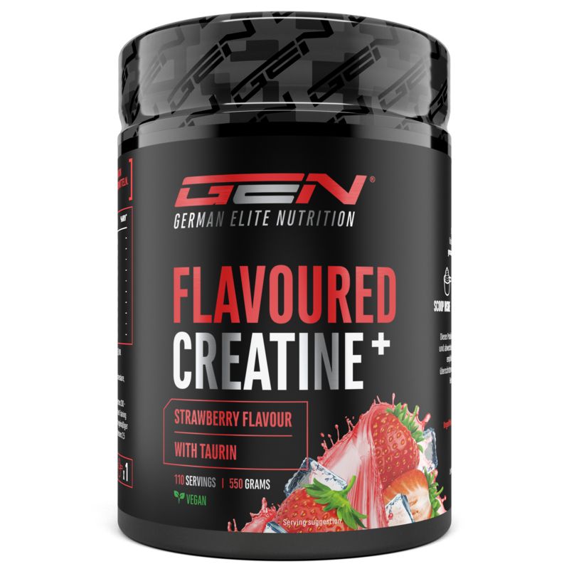 Schwarze Dose mit roter Aufschrift FLAVOURED CREATINE+ und Erdbeer-Abbildung. GEN-Logo oben.