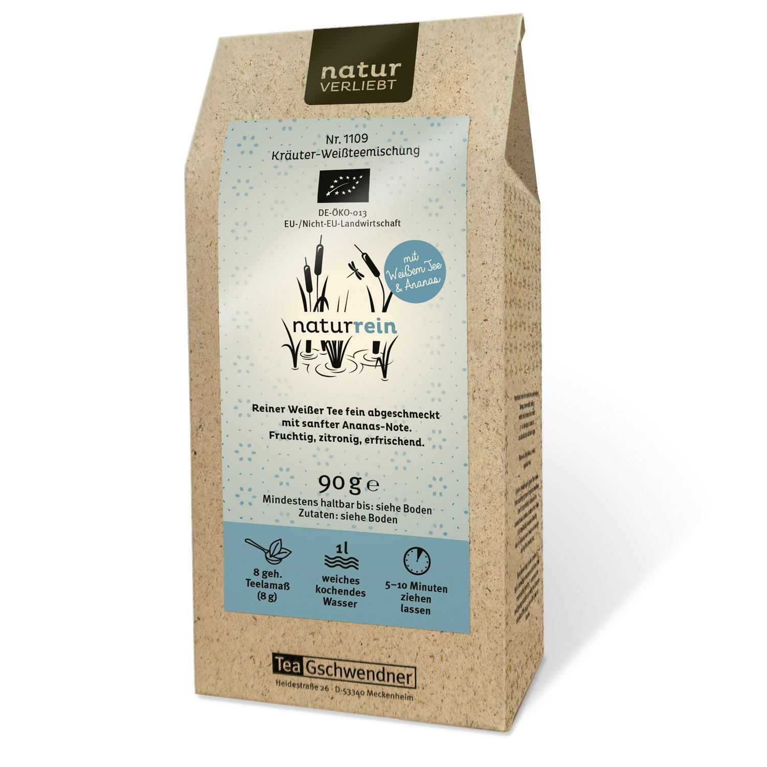 Beutel TeeGschwendner NATURrein Bio. Aufdruck mit Text und Logo. EU-Bio-Siegel. 90g. Text: Kräuter-Weißteemischung.