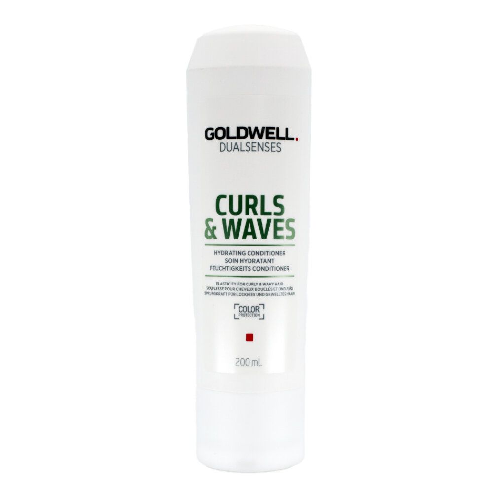 Weiße Flasche Goldwell Dualsenses Curls & Waves. Grüne und schwarze Schrift. Hydrating Conditioner. 200ml.