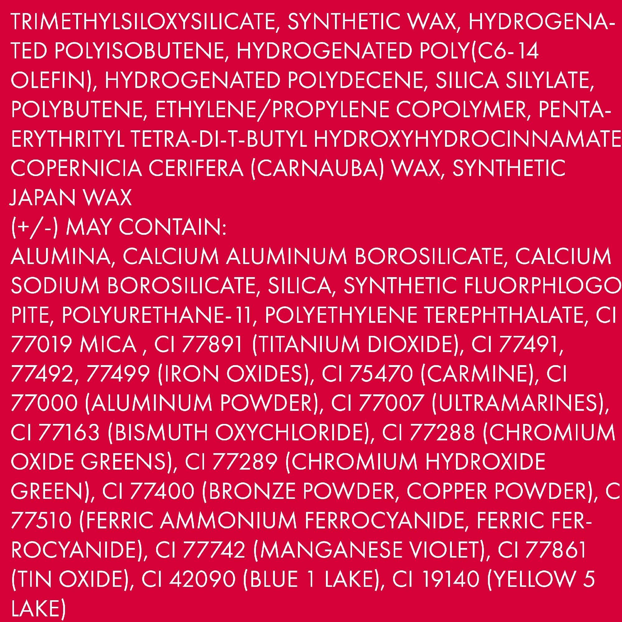 Inhaltsstoffliste des Augenstifts. Text in roter Schrift auf weißem Hintergrund.