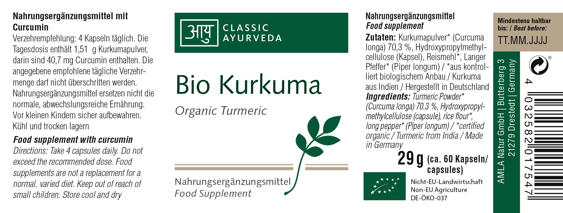 Etikett mit Text: Bio Kurkuma, Classic Ayurveda. Nahrungsergänzungsmittel. Mit Bio-Siegel. 29g (60 Kapseln).