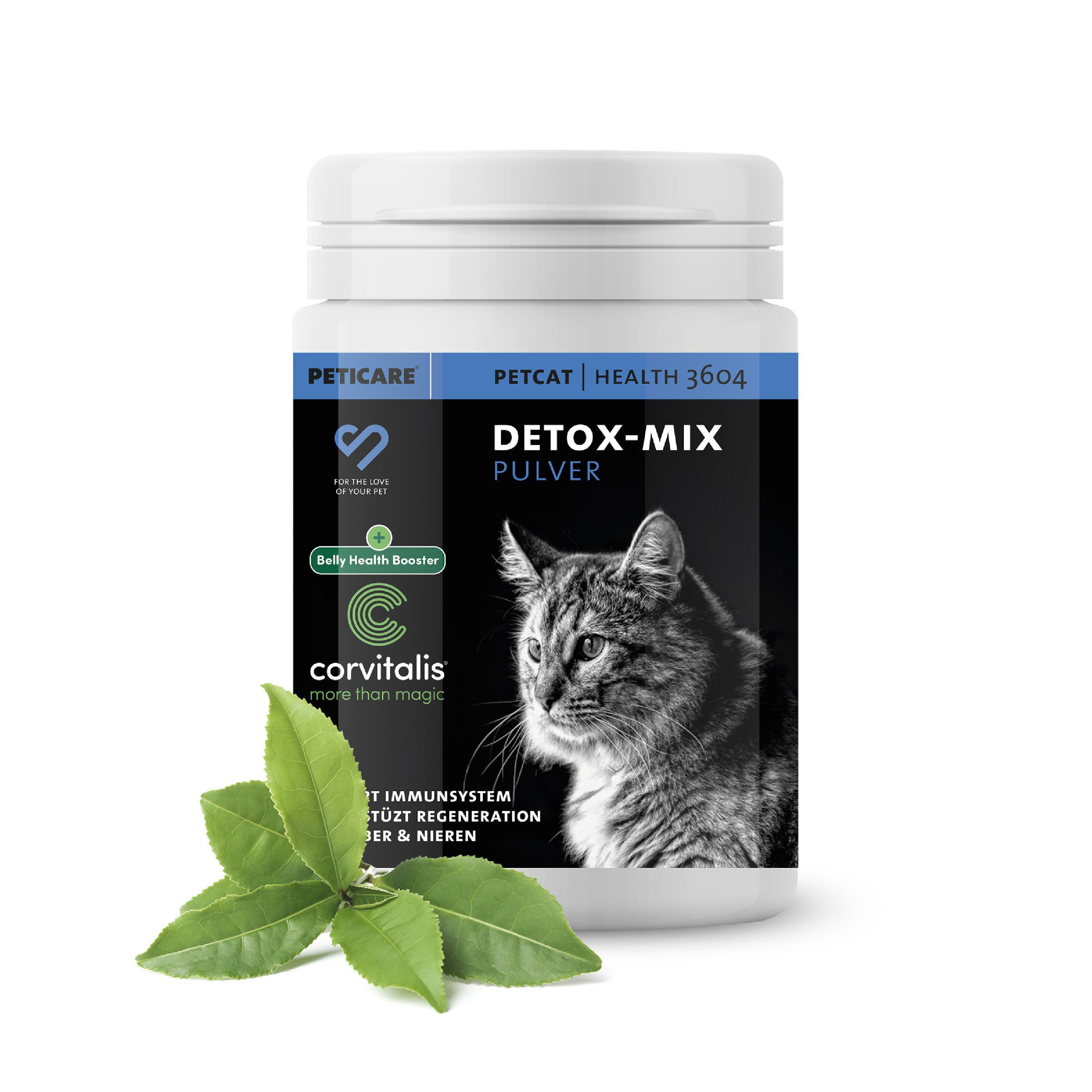 Peticare Detox-Mix Pulver für Katzen in weißem Behälter mit Katzenbild und grünen Blättern.