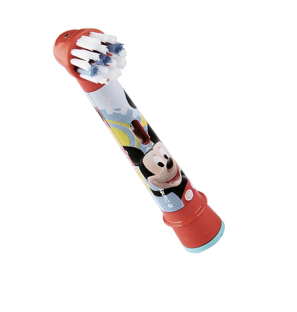 Rote elektrische Zahnbürsten-Aufsatz. Bürstenkopf mit blauen und weißen Borsten. Mickey Mouse-Illustrationen auf dem Schaft.