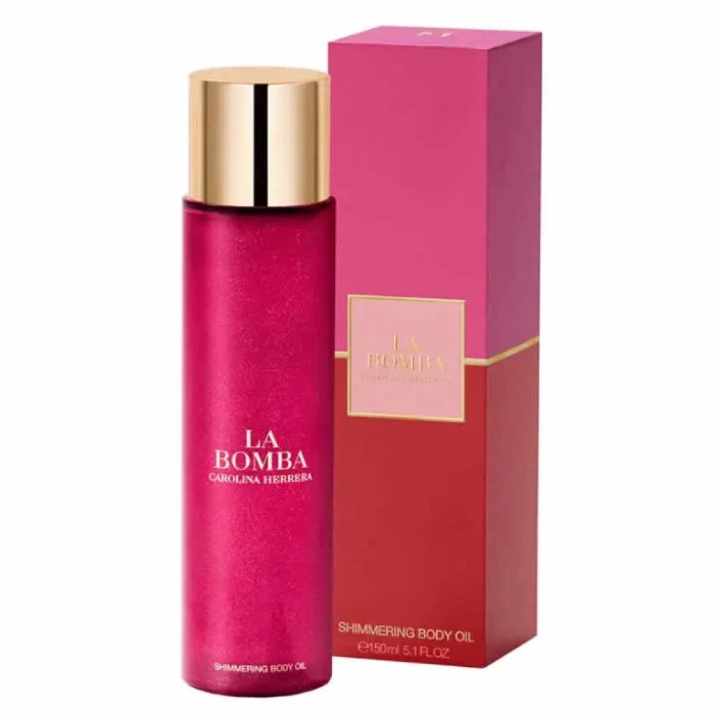 Carolina Herrera La Bomba schimmerndes Körperöl in einer glitzernden, pinken Flasche mit goldfarbenem Verschluss und passender Box.
