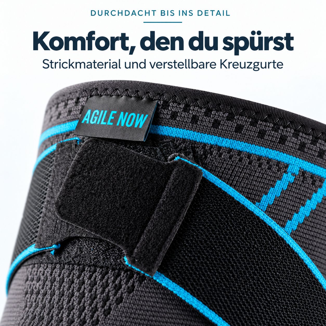 Nahaufnahme des AGILE NOW Logos auf der Kniebandage. Klettverschluss und Strickmaterial.