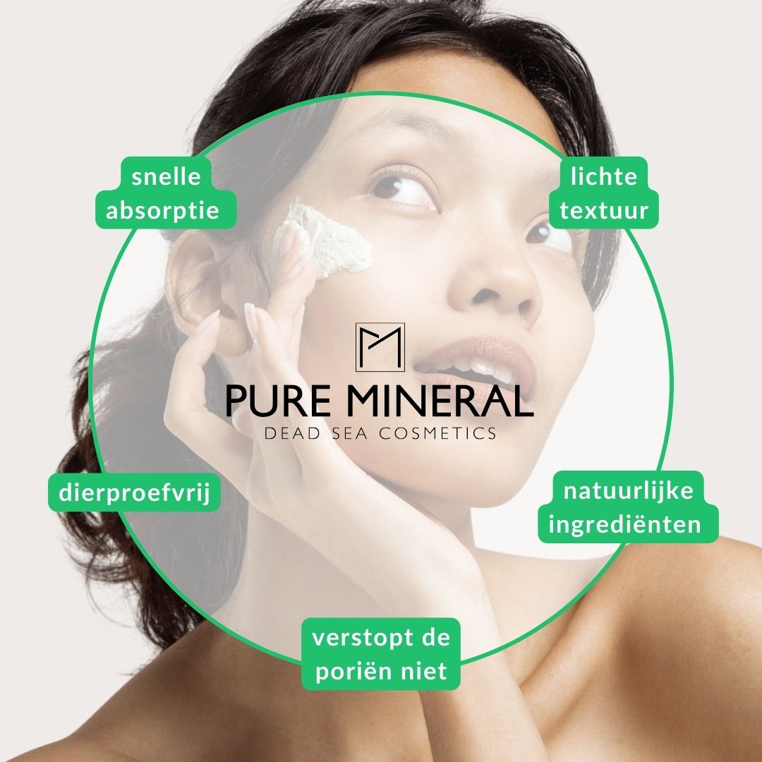 Vrouw met crème op gezicht. Iconen: snelle absorptie, lichte textuur, dierproefvrij, natuurlijke ingrediënten.