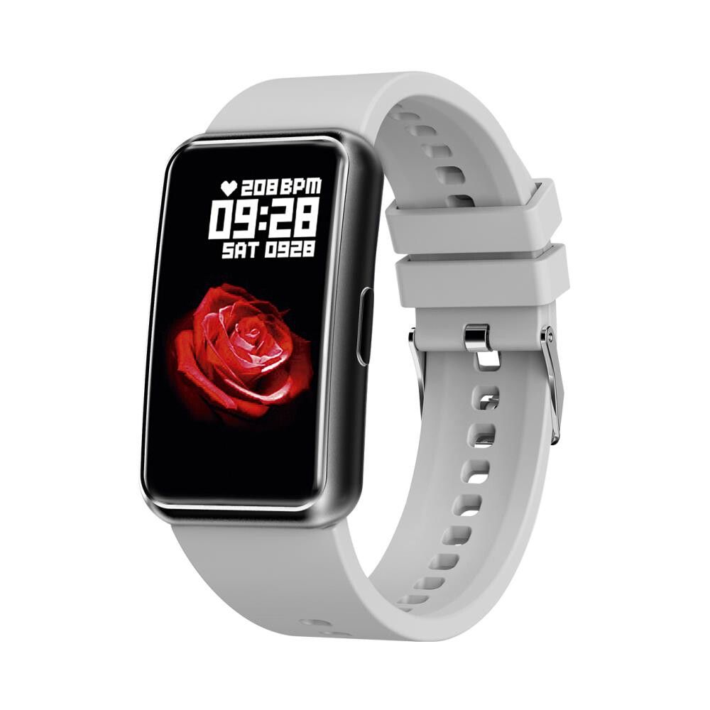 Graues Smartwatch mit rechteckigem Display. Zeigt Herzfrequenz, Uhrzeit und Datum. Graues Armband mit Schnalle.