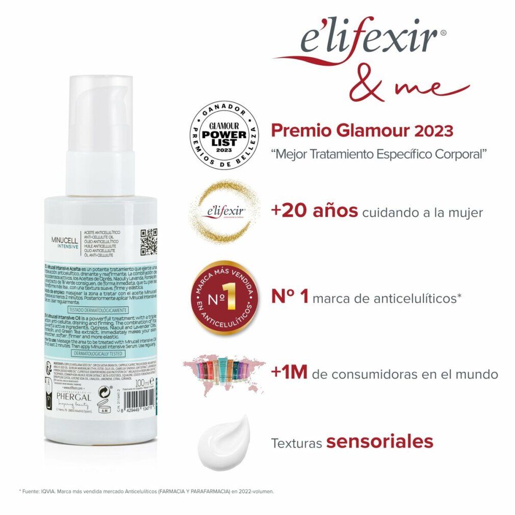 Elifexir Minucell Anti-Cellulite-Öl. Flasche mit Auszeichnungen und Text. Weiße Creme-Textur.