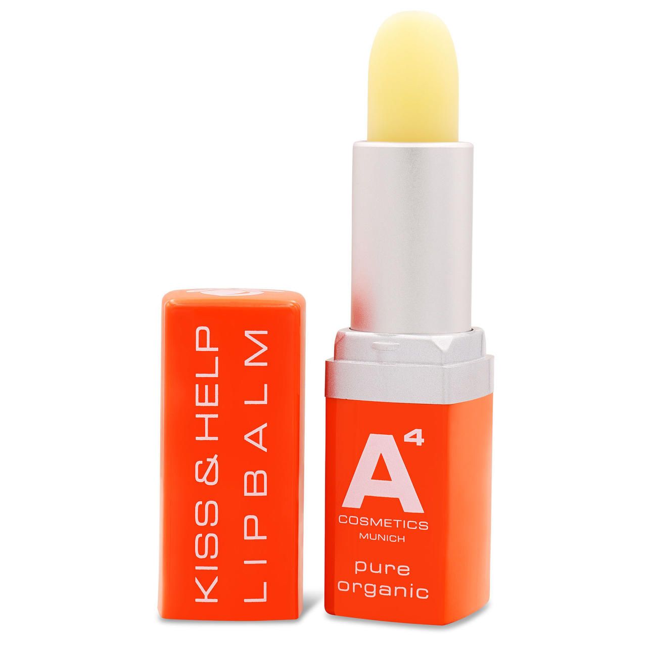 Offener Lippenbalsam-Stick. Orangefarbener Behälter mit weißer Schrift. Gelber Balsam sichtbar.
