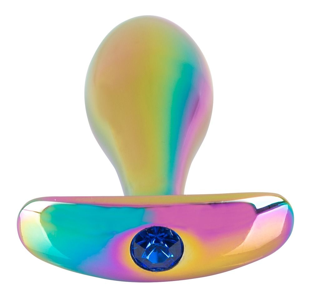 Metallischer Anal-Plug mit Regenbogen-Finish und blauem Schmuckstein.