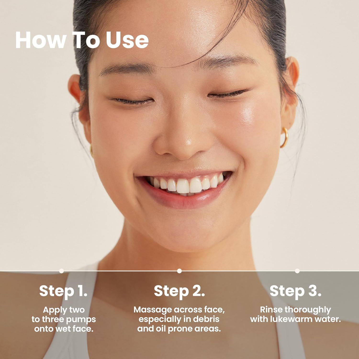 Frau mit geschlossenen Augen. Schritte: 1. Auftragen, 2. Massieren, 3. Abspülen. Text: How To Use.