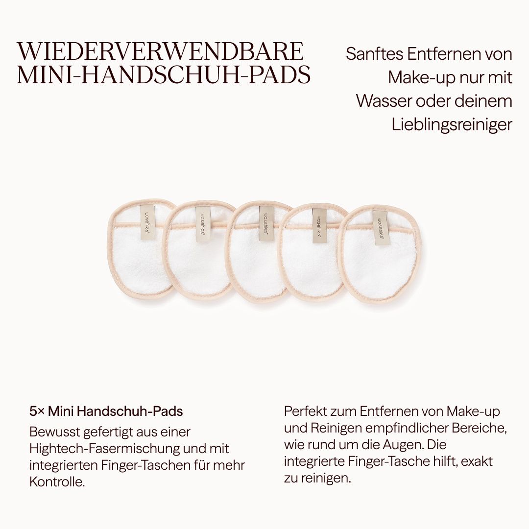 Fünf weiße Mini-Handschuh-Pads mit Fingertaschen. Text: Wiederverwendbare Mini-Handschuh-Pads, 5x Mini Handschuh-Pads.