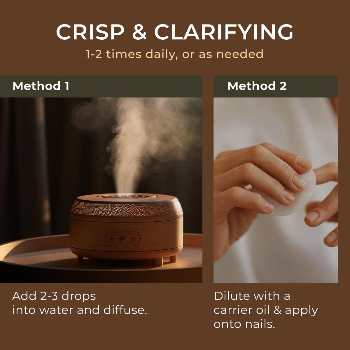 Diffusor aus Holz mit Dampf. Zwei Methoden: 1. 2-3 Tropfen in Wasser geben. 2. Mit Trägeröl verdünnen und auf Nägel auftragen. Text: Crisp & Clarifying.