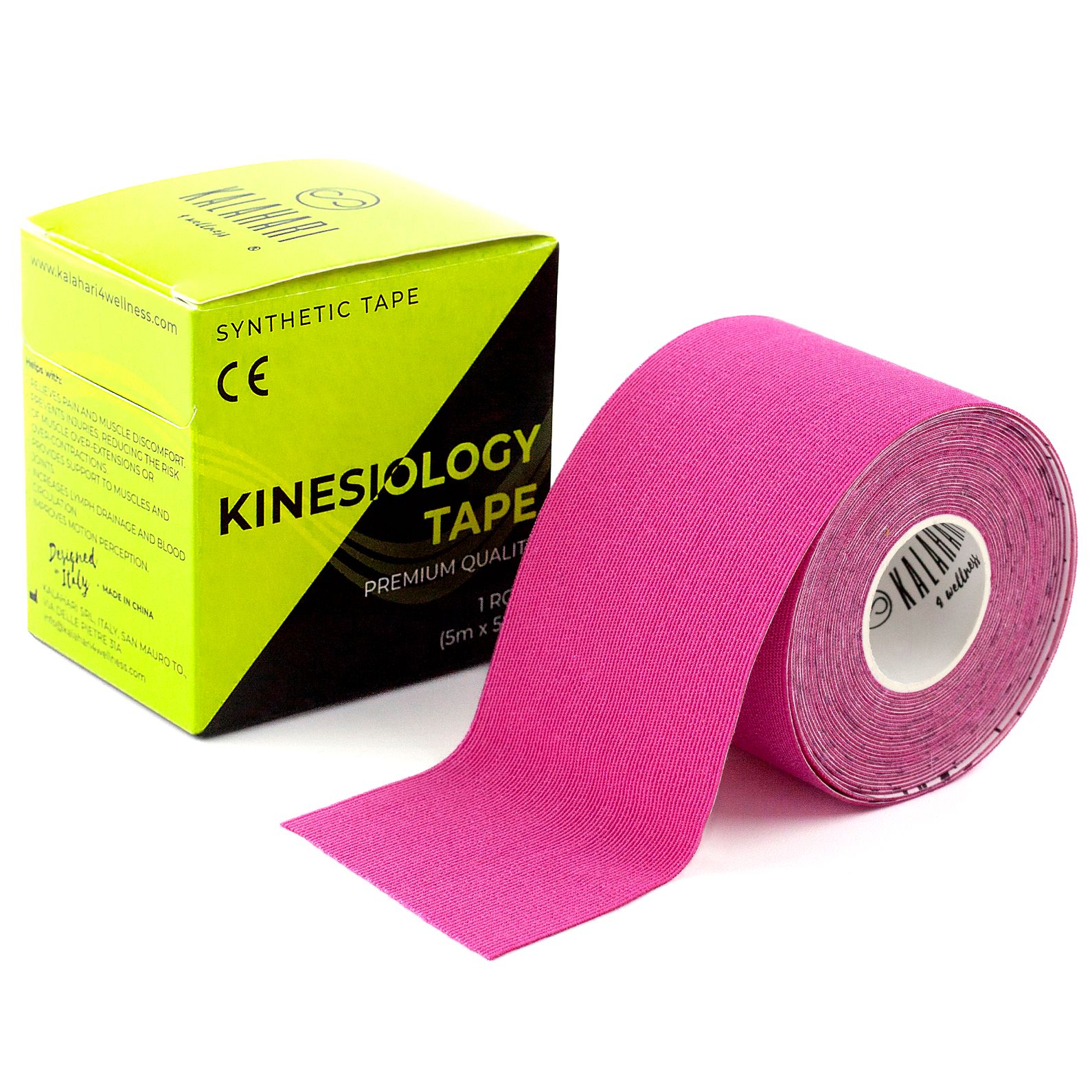 Eine Rolle pinkes Kinesiologie-Tape neben einer geöffneten Verpackung mit CE-Zeichen.