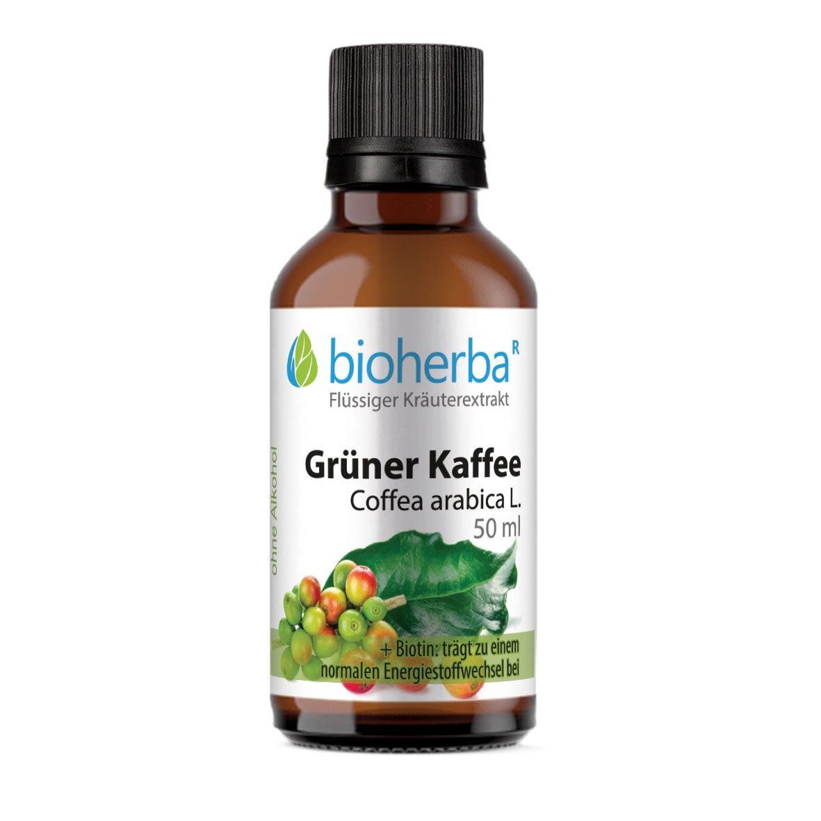 Braune Glasflasche mit schwarzem Deckel. Etikett mit Produktname, grünen Kaffeebohnen und Blättern. Marke: Bioherba.