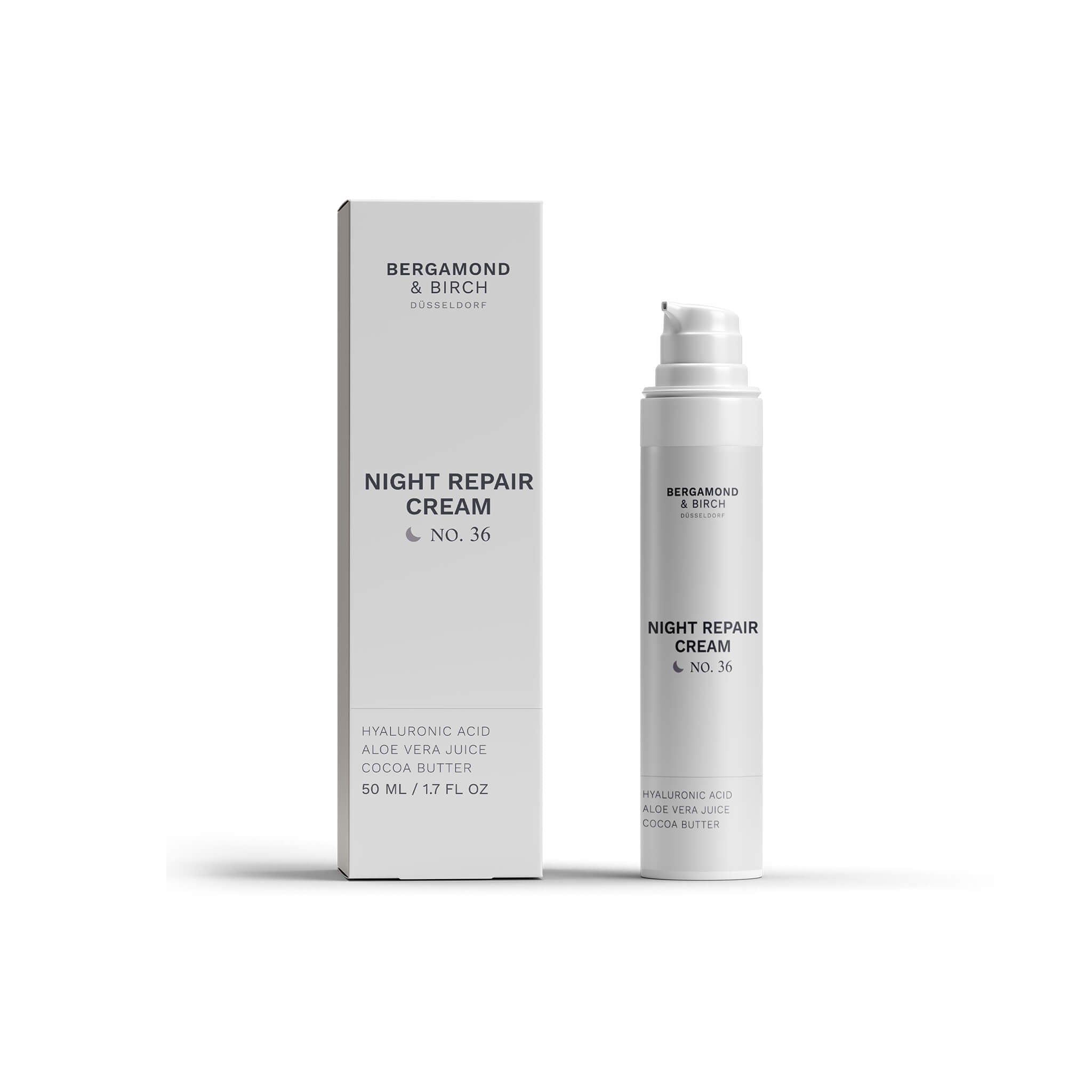 Produkt BERGAMOND & BIRCH Regenesis No. 36 – Night Repair Cream. Weiße Verpackung mit Produkt und Text.