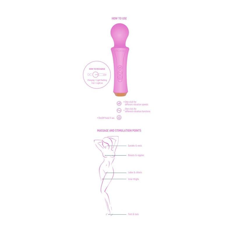 Rosa Xocoon-Zauberstab mit abgerundetem Kopf. Anleitung: Aufladen, Bedienung, Massagepunkte und Stimulation.