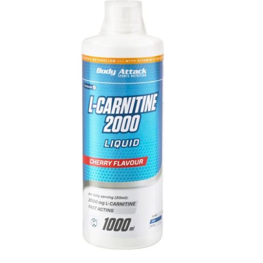 Weiße Flasche mit blauem Etikett. Aufschrift: L-Carnitine 2000 Liquid, Cherry Flavour. 1000 ml.