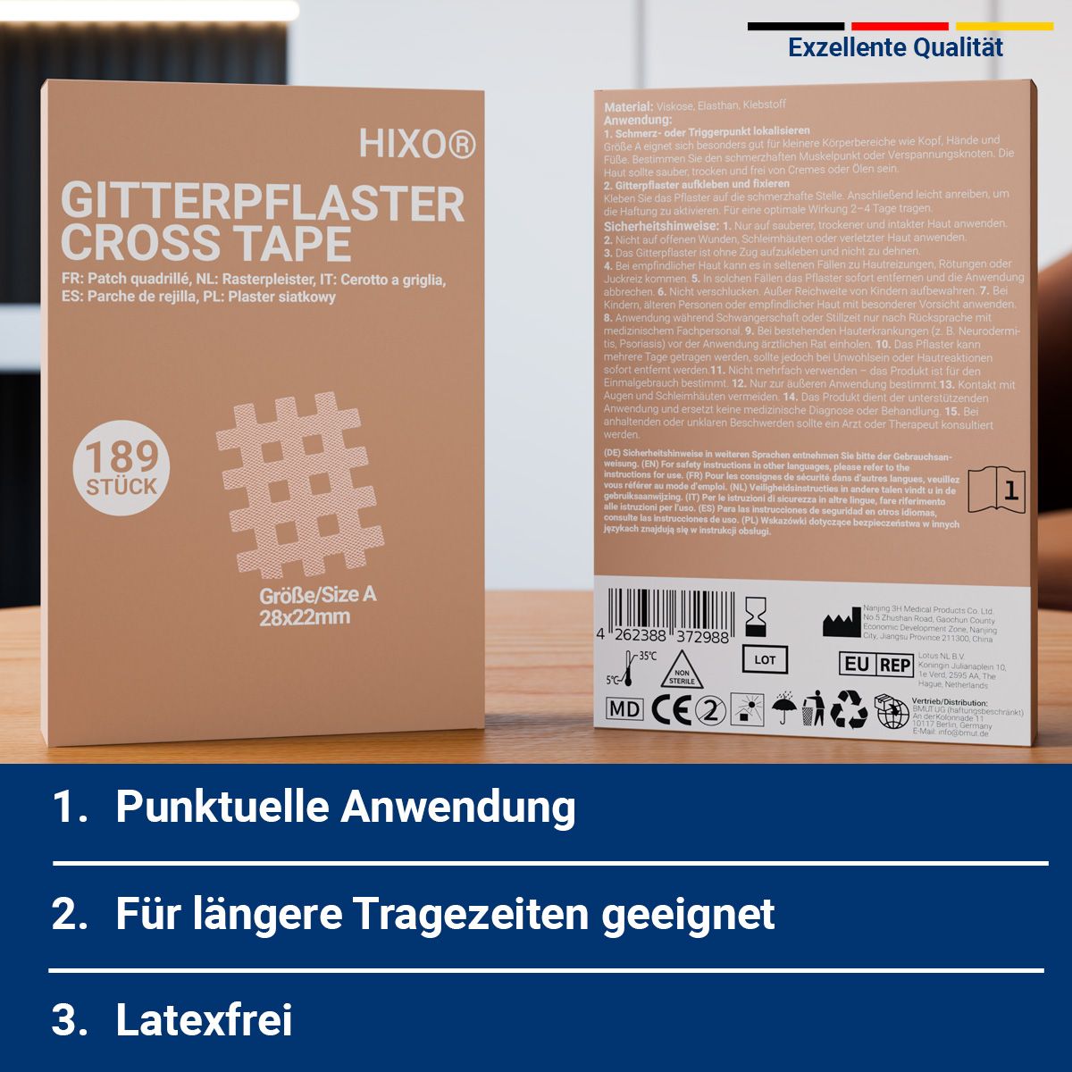 Verpackung mit HIXO Gitterpflaster Cross Tape, 189 Stück, Größe A. Latexfrei, CE-Kennzeichnung.