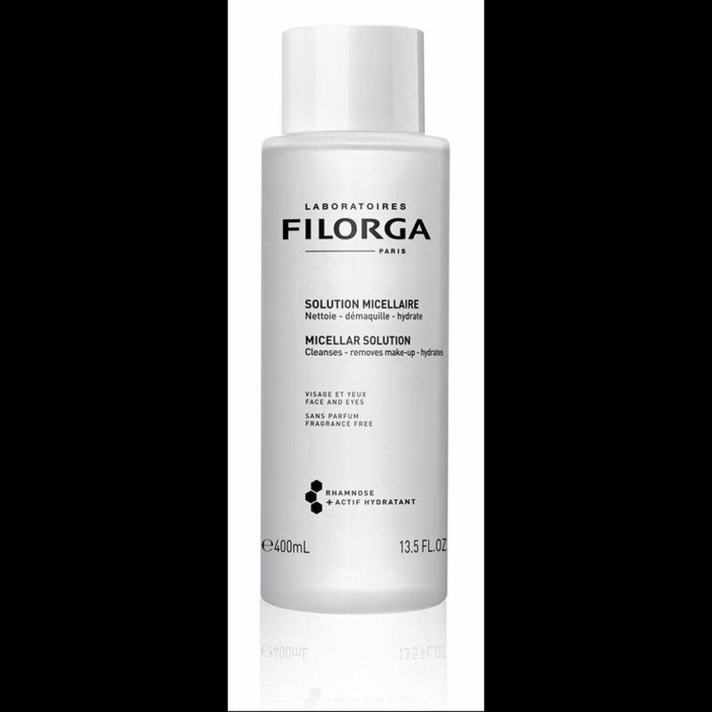 Weisse Flasche mit Filorga-Etikett. Text: Solution Micellaire, Micellar Solution. Reinigt, entfernt Make-up, hydratisiert. 400ml, 13.5 FL OZ.