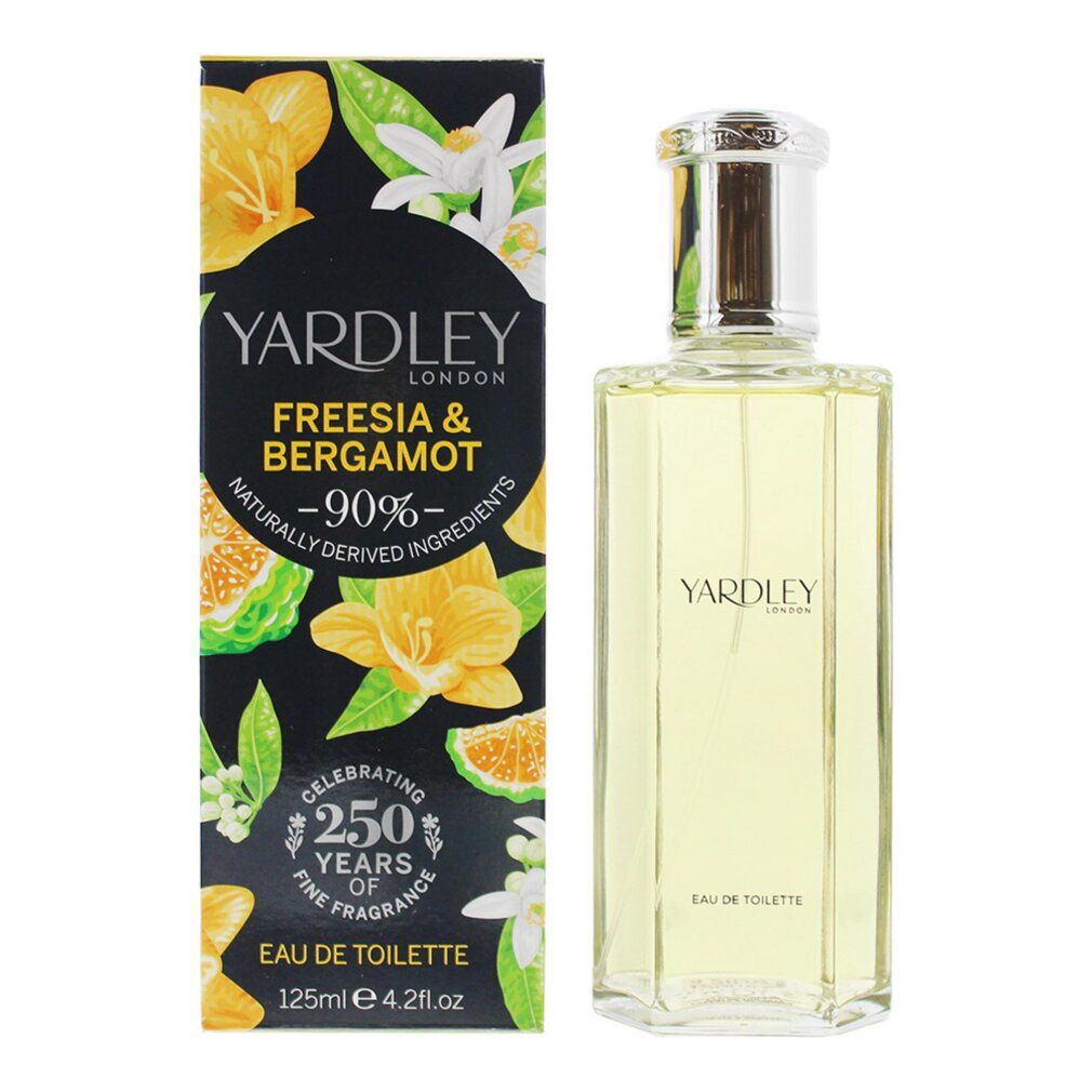 Yardley Freesia & Bergamot Eau de Toilette. Schwarze Schachtel mit gelben Blüten. Klarer Flakon mit silbernem Verschluss.