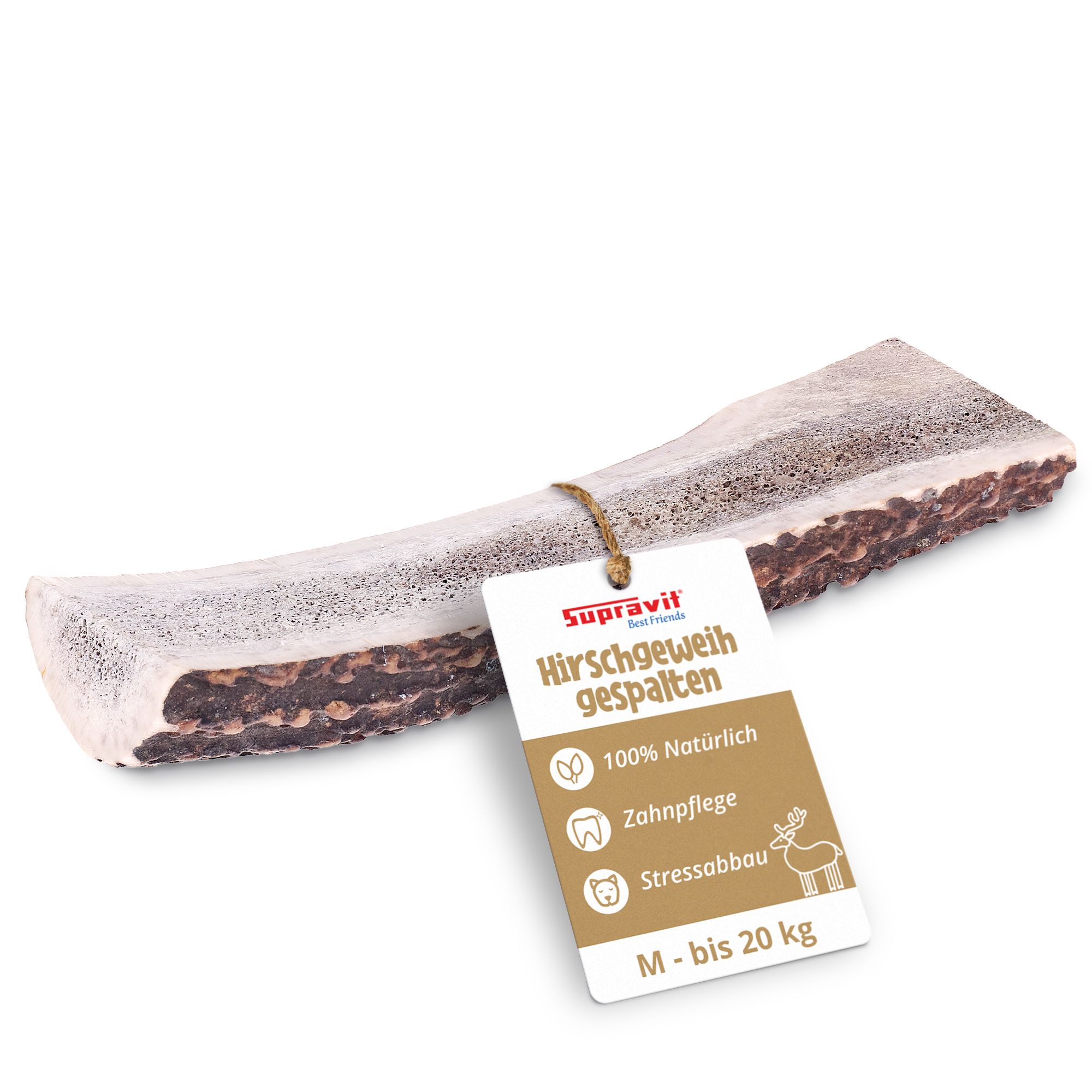 Gespaltenes Hirschgeweih mit Anhänger. Text: Supravit, Hirschgeweih gespalten, 100% natürlich, Zahnpflege, Stressabbau. M-bis 20 kg.